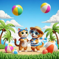 A cartoon cat and dog enjoying a fun day at the beach together