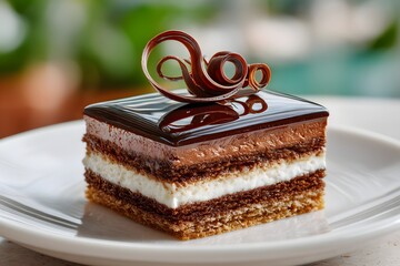 Exquisite Macro of Rectangular Chocolate Entremet Slice with Layered Mousse and Glossy Glaze on White Ceramic Plate