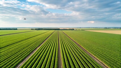 Obraz premium Aerial view of lush green farmland with neatly arranged rows, showcasing modern agricultural practices and a drone in the sky.
