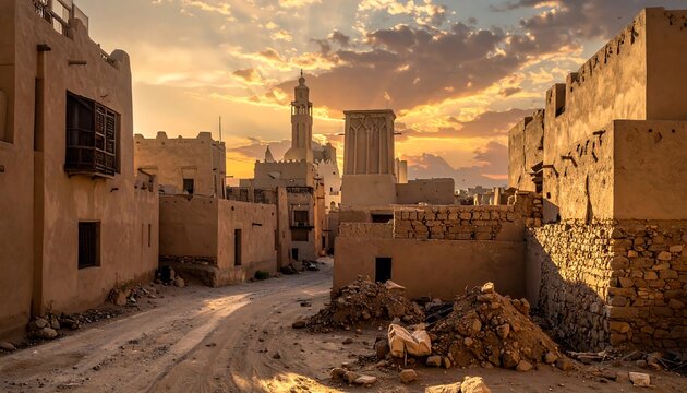 Ancient Architecture and Golden Sunset in Al Ula, Saudi Arabia.