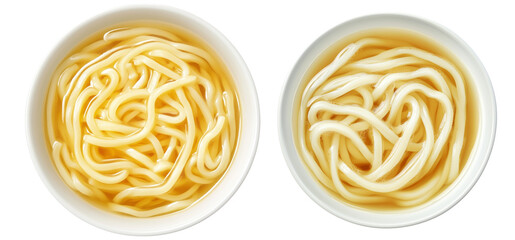 Naklejka premium Japanese udon noodles served in light broth, top view and isolated on white background, representing Japanese cuisine