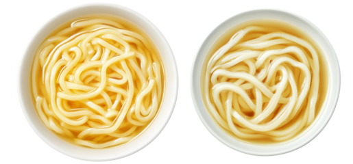 Japanese udon noodles served in light broth, top view and isolated on white background, representing Japanese cuisine