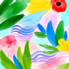 A vibrant floral painting with colorful flowers and leaves on a soft background