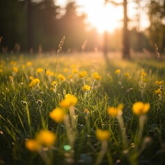 A serene field of yellow flowers at sunset with lush green grass