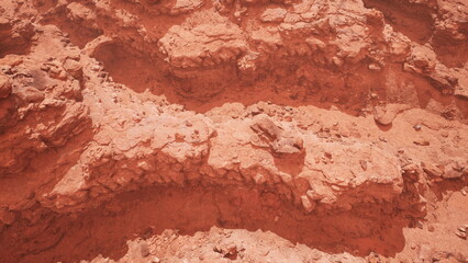 Fototapeta premium In a vast desert, unique red rock formations twist and turn across the landscape. The dry terrain displays intricate textures under the bright sun. Natures artistry is evident in every crevice.