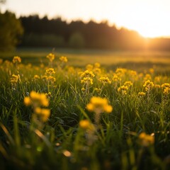 A serene field of yellow flowers at sunset with lush green grass