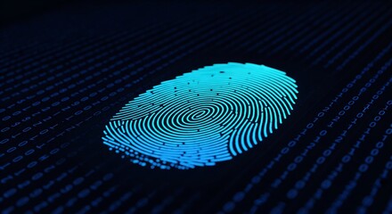 Glowing blue fingerprint on digital background with binary code