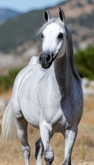 Obraz premium Majestic Arabian Stallion Galloping Gracefully Through a Lush Green Meadow Under a Bright Sky