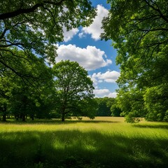 A serene landscape of a green meadow surrounded by trees under a blue sky