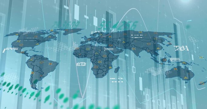 Animation of graphs and world map on blue background