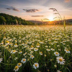 A serene field of daisies at sunset with a beautiful sky