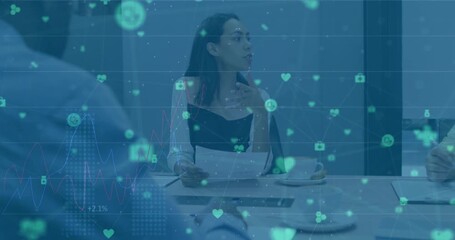 Animation of financial data processing and network of connections over diverse business people - Powered by Adobe