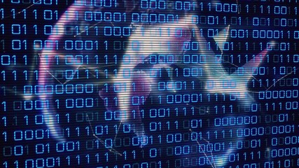 Binary coding data processing against glowing computer server against red technology background - Powered by Adobe