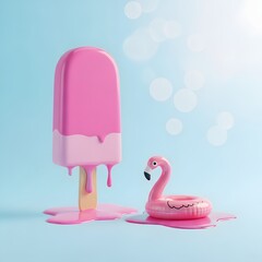 A pink ice cream melting next to a flamingo pool float