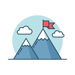 Obraz premium Mountain peak with flag icon in flat style. Exploration hiking vector illustration on isolated background. Success sign business concept.