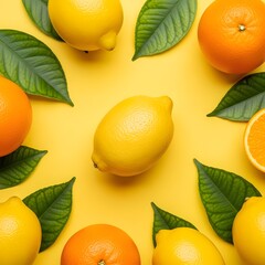 A vibrant display of lemons and oranges with green leaves on a yellow background