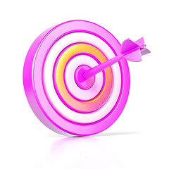 A 3D icon of a pink target with an arrow isolated on a white background