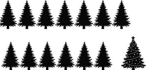Fototapeta premium Christmas tree silhouette set with pine forest icons and decorated holiday tree, black and white winter vector collection