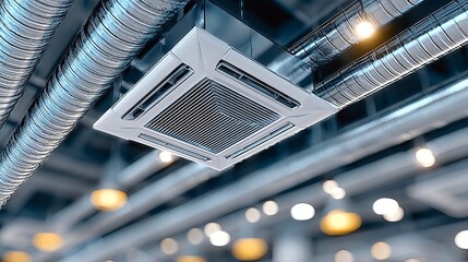 Naklejka premium Modern Office Interior Featuring Sleek Air Conditioning Unit and Exposed Ductwork Design Elements