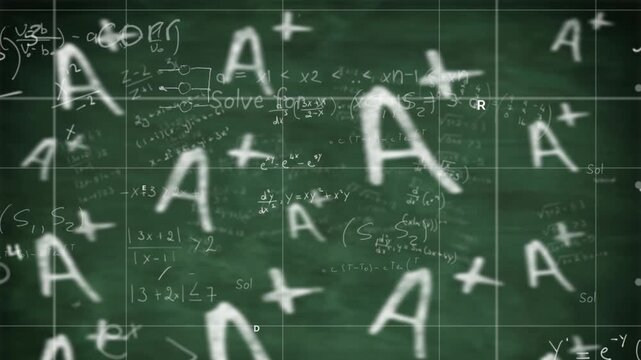 Animation of mathematical equations over marks on green background