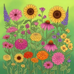 A vibrant and colorful illustration of a variety of flowers in bloom