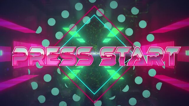 Animation of press start text banner over neon tunnel in seamless pattern on blue background