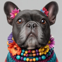 Funny french bulldog portrait wearing colorful flowers and party costume