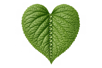 Heart shaped green leaf with water drops aligning on middle vein representing nature conservation and organic care