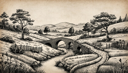 Fototapeta premium Historic Rural Landscape with Arched Stone Bridge Over River.