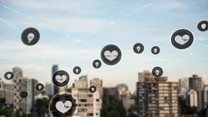 Animation of network of digital icons against aerial view of tall buildings - Powered by Adobe
