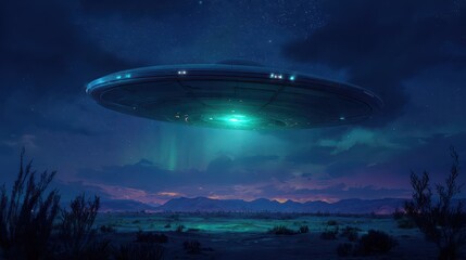 Fototapeta premium Starry midnight horizon featuring a metallic alien craft emitting a soft green glow