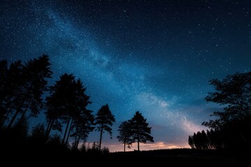 Starry navy night sky with Milky Way arc above quiet forest silhouettes