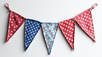 Fototapeta premium Bunting triangle fabric polka dot red blue decoration party festive bunting triangle fabric polka dot red and blue decoration party banner hanging cheerful celebration white background holiday