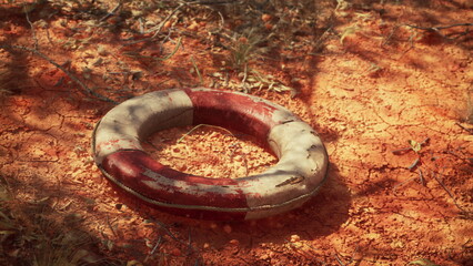 A lifebuoy lies on cracked, sun baked soil surrounded by sparse vegetation. The vibrant colors of the buoy contrast starkly with the earthy tones, evoking feelings of abandonment and stillness. © icetray