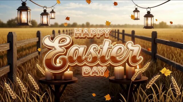 Peaceful countryside Happy Easter Day scene with sunset lighting, rustic decorations and warm festive holiday mood