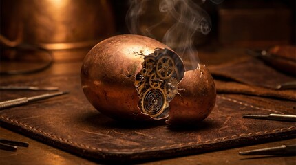Steampunk Mechanical Easter Egg with Gears and Smoke
