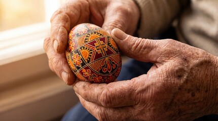 Elderly Hands Holding Traditional Pysanka Easter Egg
