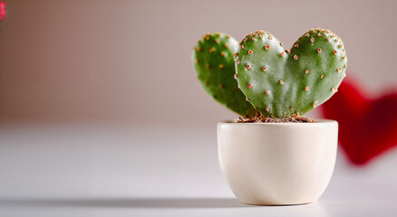 Glossy heart shaped cactus in ceramic pot on red background

