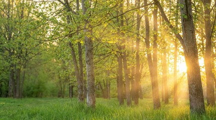 Obraz premium Sunlight streaming through trees in a lush green forest 