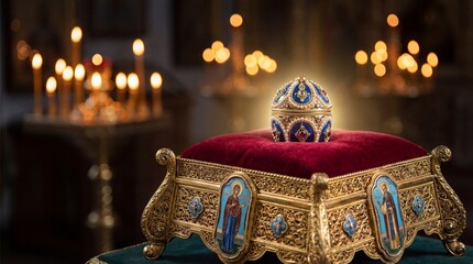 Ornate Jeweled Egg on Golden Religious Stand