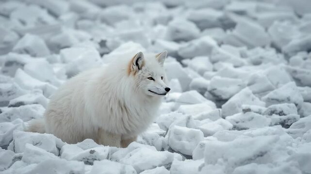 Sitting Arctic fox with white coat hearing distant sound, turning head right among broken ice floes