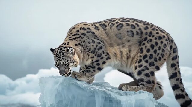 Shifting weight, adult snow leopard sniffing ice crest on blue ice block testing edge before moving