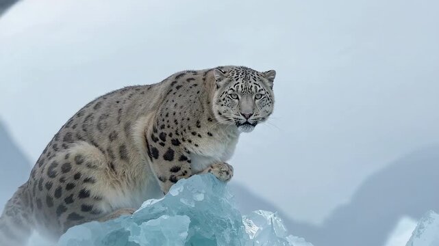 Noticing camera movement, adult snow leopard shifting forward, fixing gaze on jagged blue ice mound