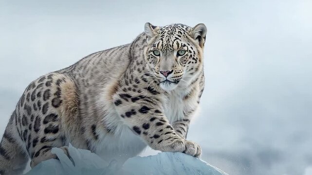 Shifting snow leopard stepping on blue ice mound in misty mountain, focusing gaze toward camera