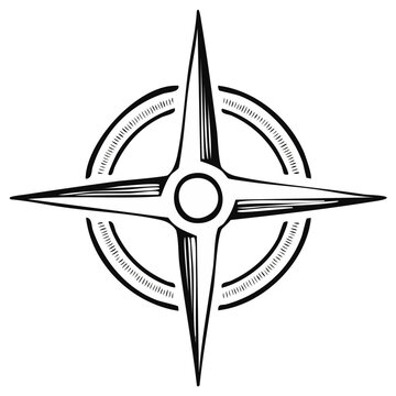 Stylized compass rose illustration with four pointed directions and circular markings