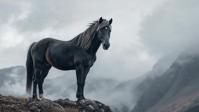 Breeze passing, dark horse lifting mane, turning head on rocky ridge above fog watching camera