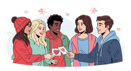 Obraz premium Diverse group of young friends sharing valentine's day cards with hearts