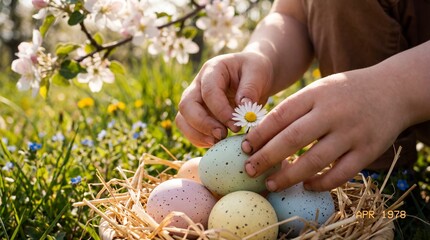 Child Placing Daisy on Easter Eggs in Nest