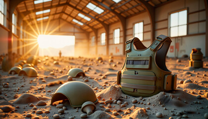 Desolate body armor and abandoned military gear resting in dusty warehouse at sunset, forgotten resilience