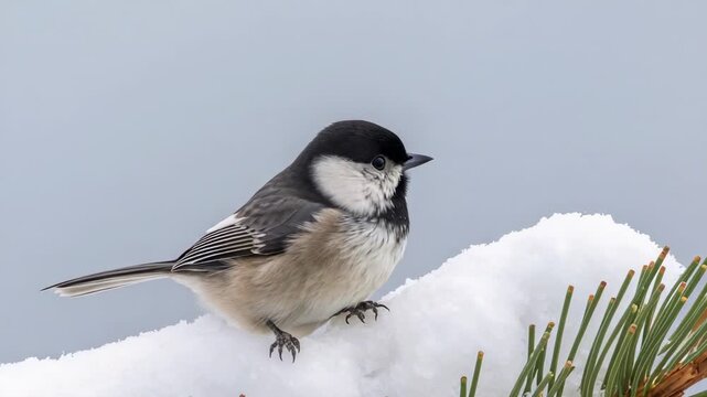 Shifting stance, tit bird perching on snowy pine branch, hopping forward and scanning right
